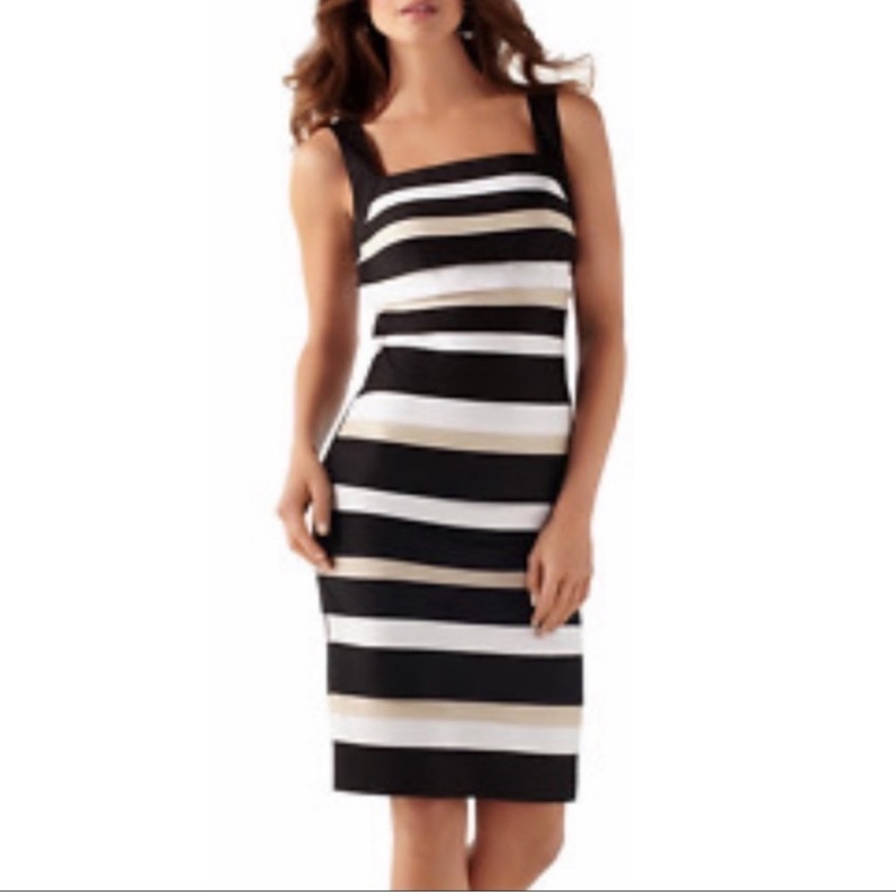 White House Black Market Striped Color Block  Sheath Dress Black & Tan Size 00